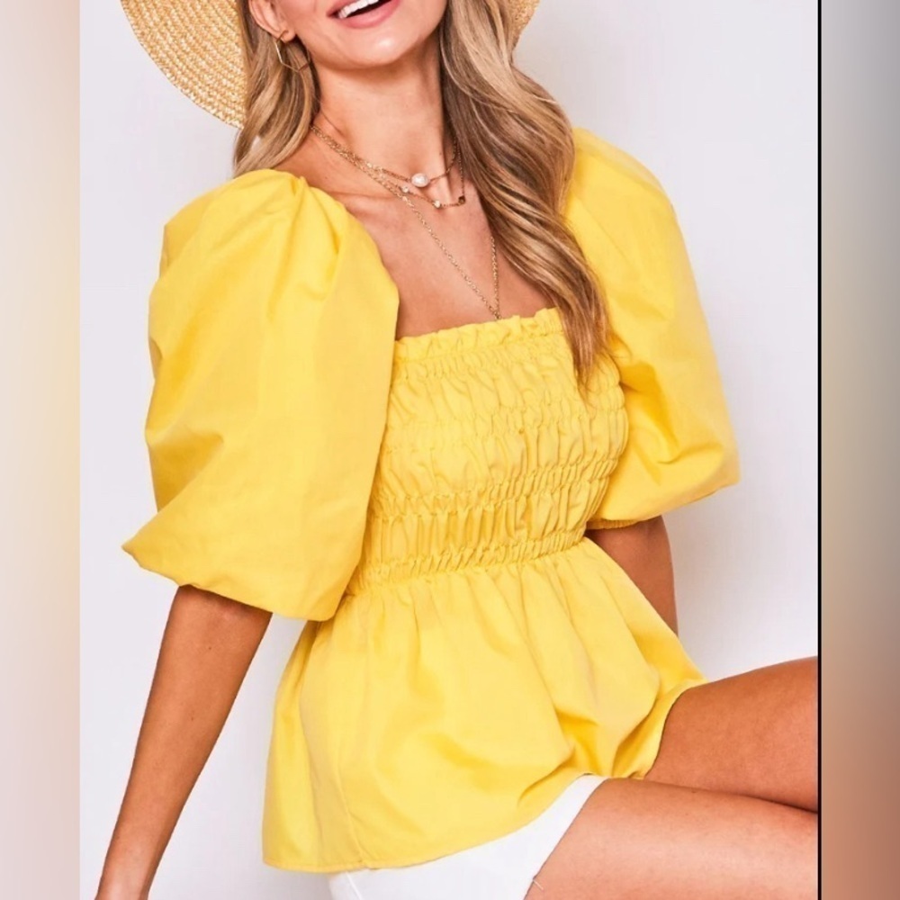 Runway Smocking Balloon Sleeve  Peplum Top  Yellow Size M